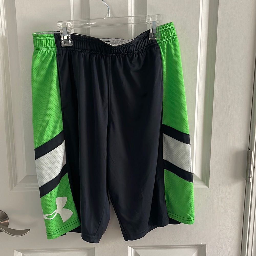 Youth Under Armour Shorts - size YXL. Charcoal gray, fluorescent green, white.